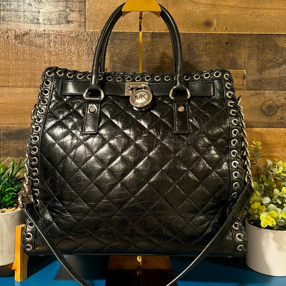 Michael Kors Black Leather Tote Silver Lock Laced Trim MK